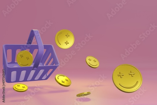 3D rendering. Shopping basket with golden coin. concept for digital marketing and E-commerce