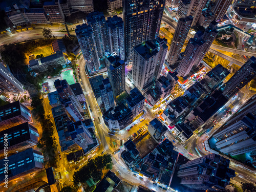 Top view of Hong Kong ciy at night © leungchopan