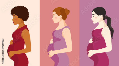 Asian, european and dark skinned pregnant women