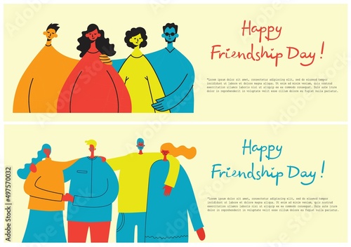 Background with happy diverse hugging people. Concept of friendship day, unity. Celebration or congratulation of multiracial students or friends.
