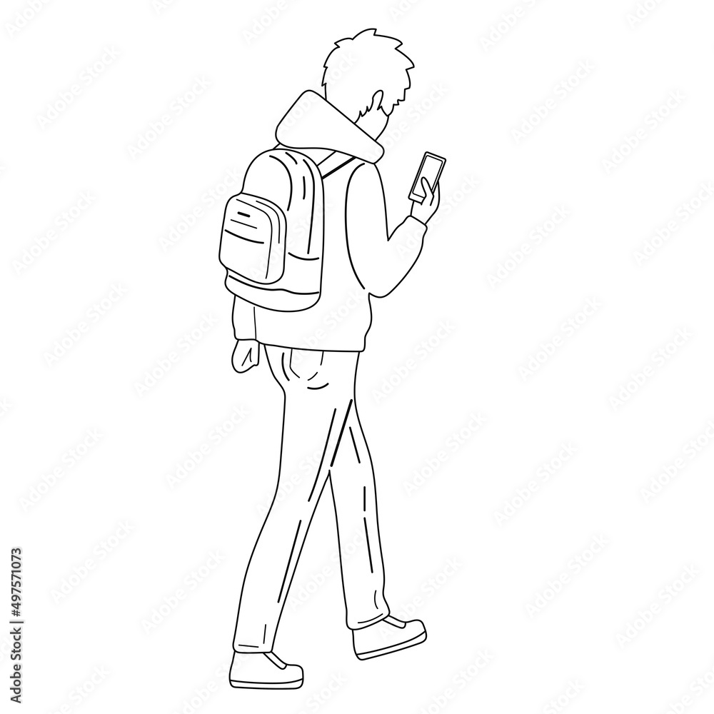 Guy traveler with a backpack. Uses the navigator on the phone. Hiking. Vector black and white illustration.