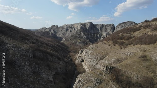 Aerial drone video over the hill mountain cliff with rocks of the Nisevac near Svrljig in Serbia in sunny day  photo