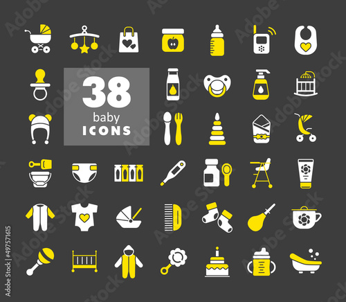 Baby, feeding and care vector glyph icons set