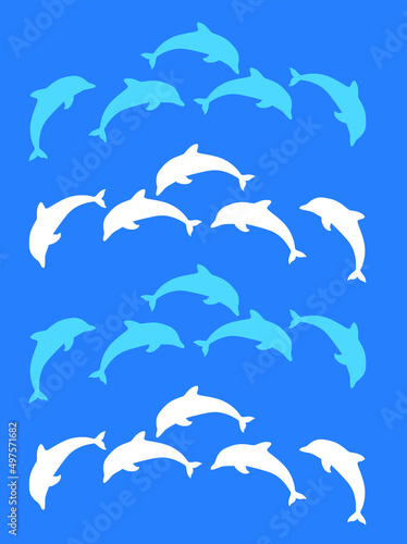 Vertical vector illustration of the multiple white and blue dolphins on the dark blue background
