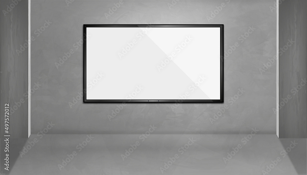LED television mockup on Grey concrete wall, Modern Studio room with