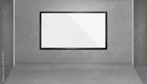 LED television mockup on Grey concrete wall, Modern Studio room with wide TV plasma blank flatscreen monitor and lighting on rough gray cement floor,Vector Interior loft design