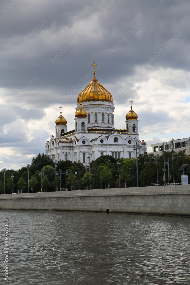 Moscow Russia - August 23, 2021: Cathedral of Christ the Saviour on the bank of the Moscow River