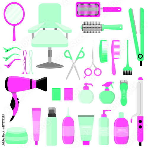 Colorful hair styling tools kit set isolated on white background. Flat style accessories, shampoo, comb, hair curler, hairdryer, hair straightener, hairbrush, hairspray, mirror, hairpins ecc.