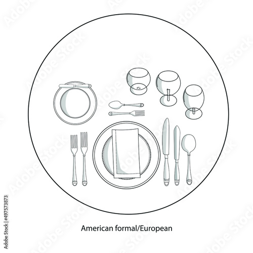 Hand-drawn Cutlery set with Plates, spoon, fork, knife, glass, cup on the table in American European style vector draw