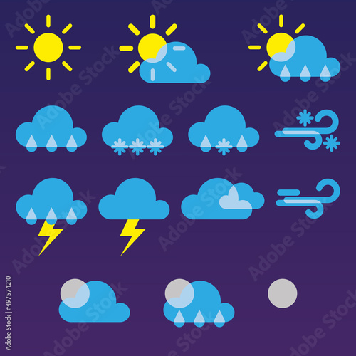 Collection of flat vector weather icons: sunny day, cloudy day, cloudy night, mainly cloudy, rain, sun with rain, rain with snow, snow, wind, cold wind, thunderstorm, thunderstorm and rain, moon