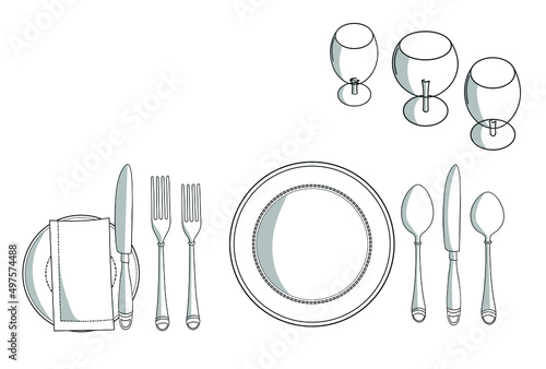 Hand-drawn Cutlery set with Plates, spoon, fork, knife, glass, cup on the table in American European style vector illustrations