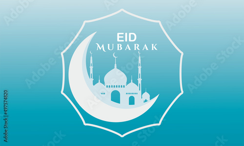 Eid Mubarak festival greeting with lanterns and moon, Eid al fit the Arabic calligraphy means Happy Eid 2022 . Vector illustration
