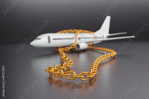 The concept of sanctions on airlines and airplanes, the closure of airspace over countries for Russia, an aircraft wrapped in  gold chains with a blur and bokeh effect, 3d rendering