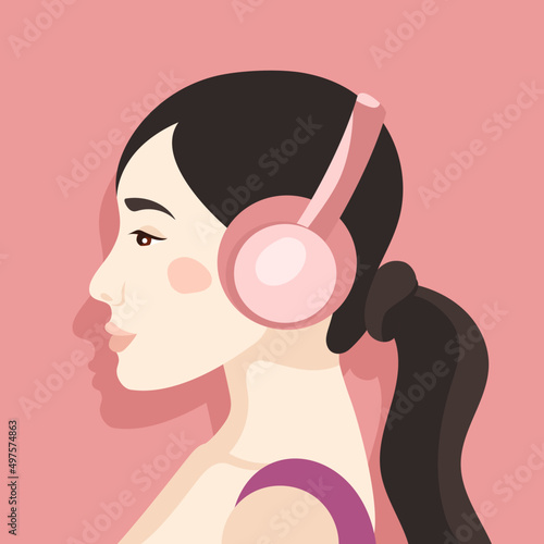 Vector portrait of asian girl in big headphones listening to music