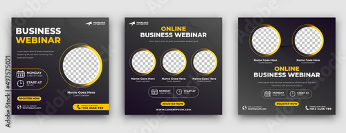 Set of Webinar social media post template. Modern banner with dark background and yellow accents. Suitable for business webinar, conference, invitation, announcements, and online seminar.