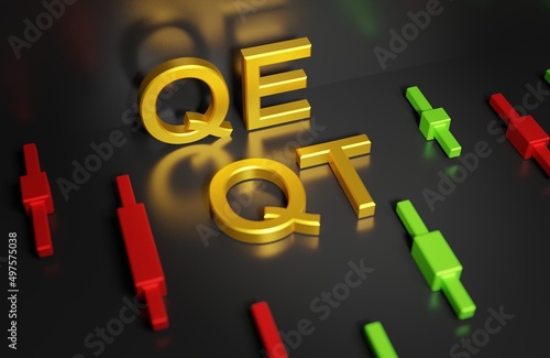 QE - Quantitative easing and QT - Quantitative tightening sign on a dark background among the chart of Japanese candlesticks, 3d rendering photo