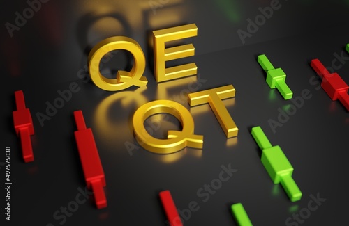 Photos QE - Quantitative easing and QT - Quantitative tightening sign on a dark backgro