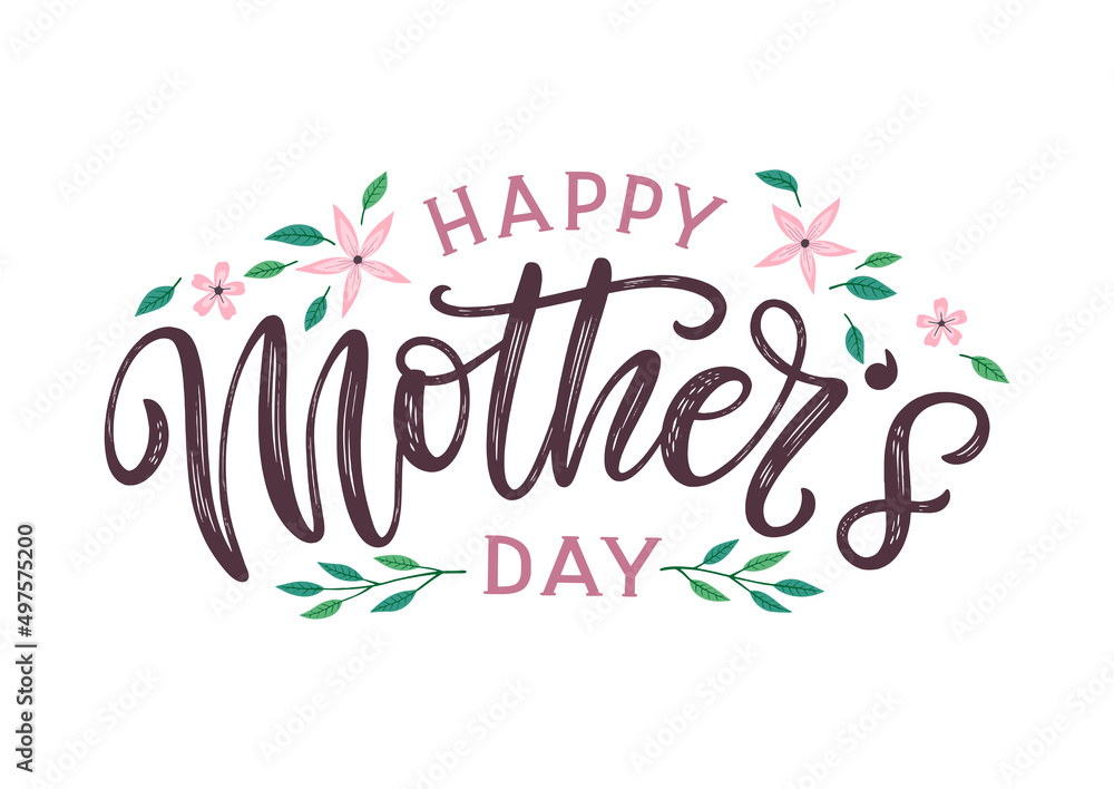 Happy Mother's day festive lettering poster decorated by cute hand drawn leaves and flowers. Mothers day vector concept as template for card, postcard, poster, banner, label, tag