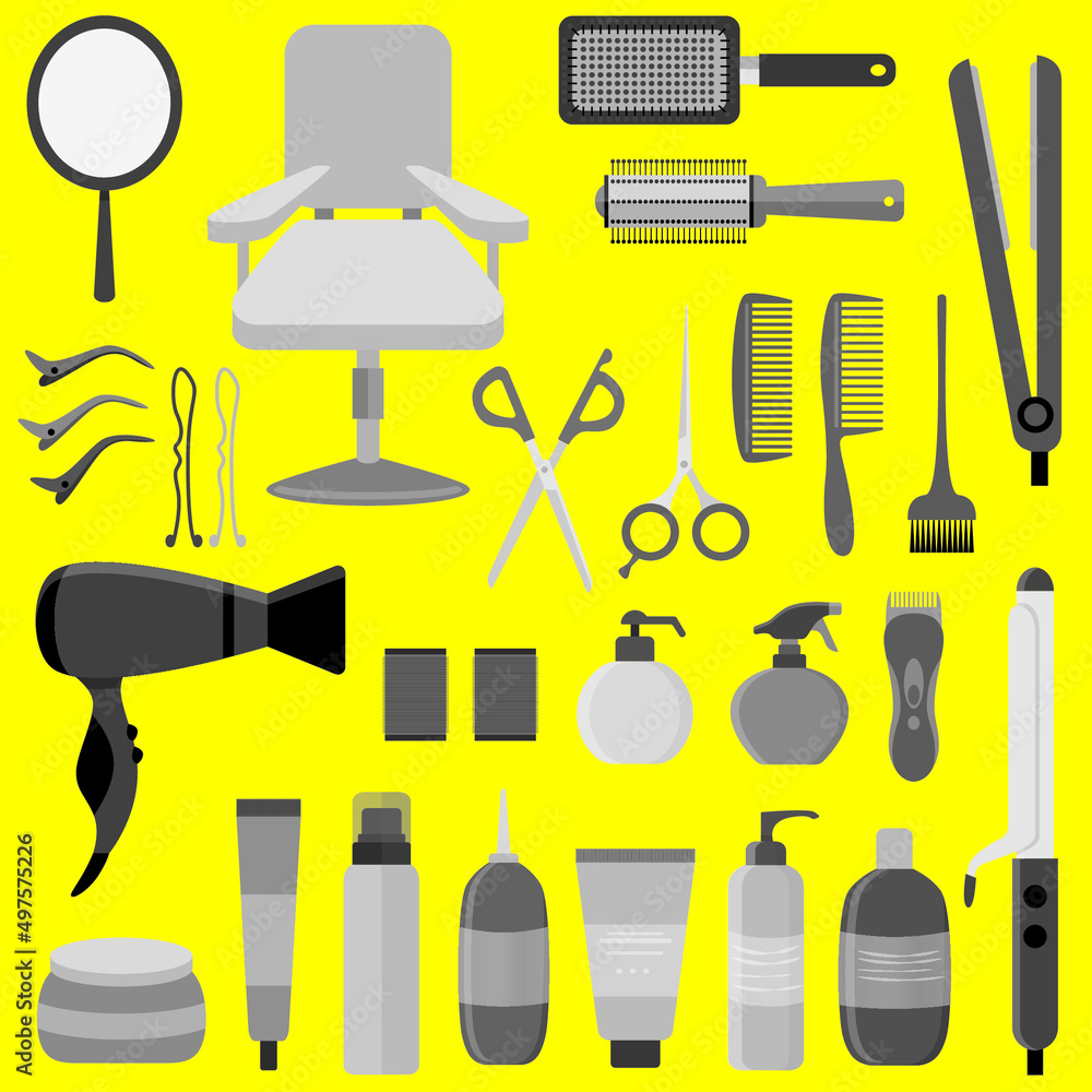 Grey hair styling tools kit set isolated on yellow background. Flat style accessories, shampoo, comb, hair curler, hairdryer, hair straightener, hairbrush, hairspray, mirror, hairpins ecc. Grey hair styling tools kit set isolated on yellow background. Flat style accessories, shampoo, comb, hair curler, hairdryer, hair straightener, hairbrush, hairspray, mirror, hairpins ecc.