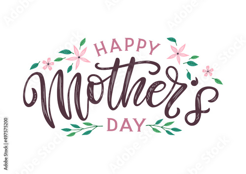 Happy Mother s day festive lettering poster decorated by cute hand drawn leaves and flowers. Mothers day vector concept as template for card  postcard  poster  banner  label  tag