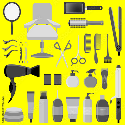 Grey hair styling tools kit set isolated on yellow background. Flat style accessories, shampoo, comb, hair curler, hairdryer, hair straightener, hairbrush, hairspray, mirror, hairpins ecc.