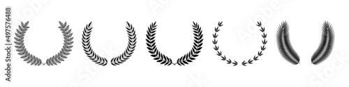 Set of awards icons, black and white concept. Isolated abstract graphic design template. Elegant palm tree, arts branches collection. Royal wreath silhouettes. Luxury round frames, decorative emblems.