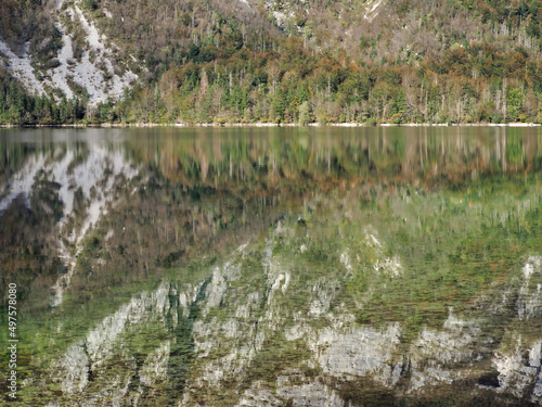 Beautiful view of the rock reflection in the lake in Triglav National Park, Bohinjsko, Slovenia photo