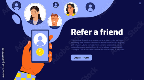 Refer a friend concept. Hands hold phone with contacts of friends photo