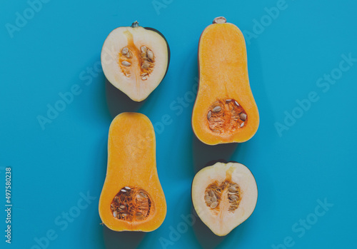Four halves of cut squash with seeds on a blue background