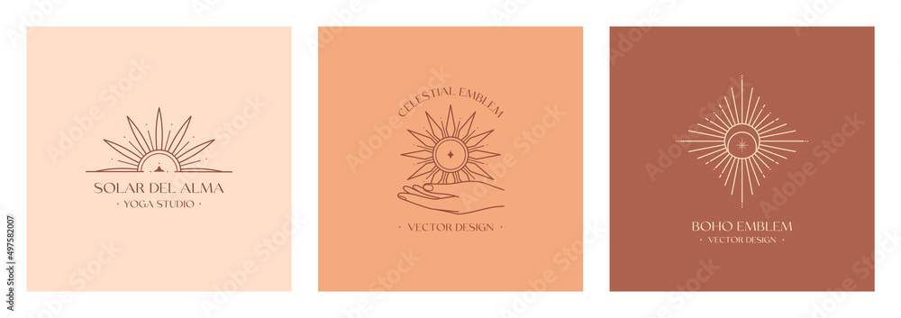 Vector bohemian logo design templates with hand holding sun.Boho linear icons or symbols in minimalist style.Modern celestial emblems.Branding design.Letters with Solar del Alma means Sun of the Soul Vector bohemian logo design templates with hand holding sun.Boho linear icons or symbols in minimalist style.Modern celestial emblems.Branding design.Letters with Solar del Alma means Sun of the Soul