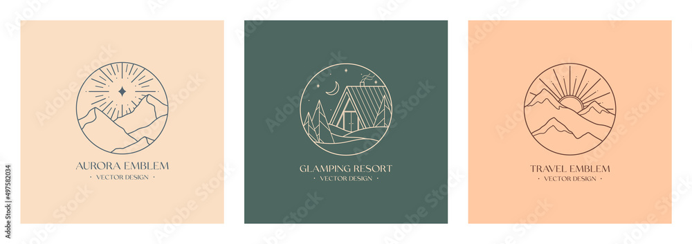 Vector linear glamping emblems with forest landscape,aurora lights,house.Travel logos with mountains,crescent moon,polar star,sun,sunburst.Modern hike,camp,nature reserve,outdoor recreation labels.