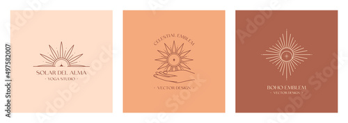 Vector bohemian logo design templates with hand holding sun.Boho linear icons or symbols in minimalist style.Modern celestial emblems.Branding design.Letters with Solar del Alma means Sun of the Soul