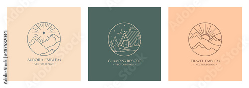 Vector linear glamping emblems with forest landscape,aurora lights,house.Travel logos with mountains,crescent moon,polar star,sun,sunburst.Modern hike,camp,nature reserve,outdoor recreation labels.