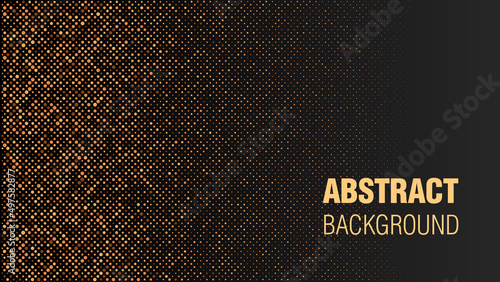 Abstract gold premium halftone circles pattern consists of different dots isolated on dark background. Geometric vector shape elements for presentation design