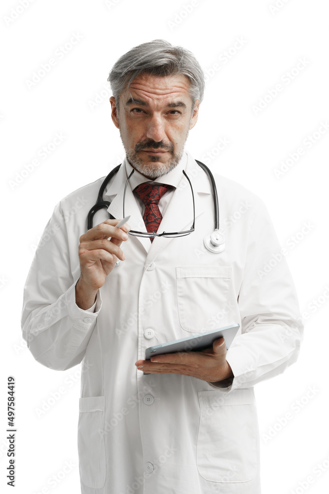 Portrait of confident caucasian medicare man in gown suit uniform with stethoscope and tablet stand over white background and looking toward to camera. Portrait of confident caucasian medicare man in gown suit uniform with stethoscope and tablet stand over white background and looking toward to camera.