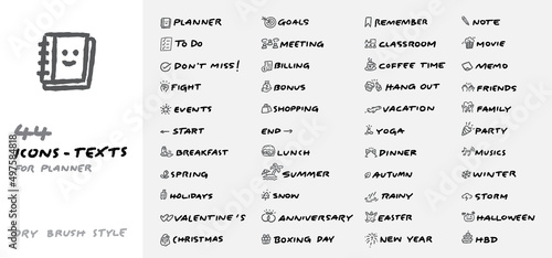 sketch hand drawn icons for planner,organizer,diary with text hand written dry brush vector set.