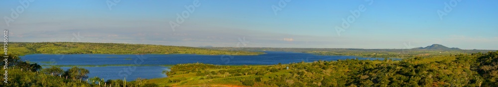 Panoramic landscape of the lake of Barragem da Pedra do Cavalo. The waters dammed by the dam of Pedra do Cavalo, created a lake formed by the rivers Jacuípe and Paraguaçu. Bahia Brazil