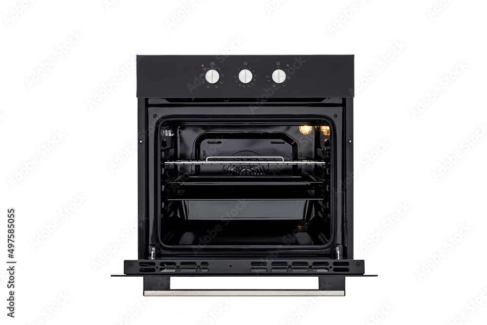 Fototapeta premium Black oven with open door and three trays
