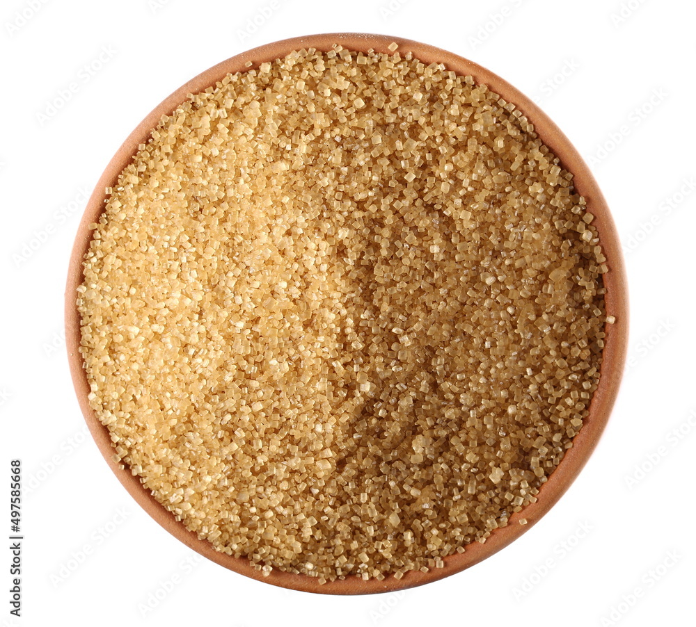 Brown crystal cane sugar pile isolated on white, top view Brown crystal cane sugar pile isolated on white, top view