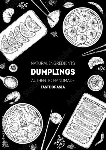 Dumplings top view frame. Food menu design template. Hand drawn vector illustration. Chinese dumplings. Vintage illustration. Hand drawn food sketch. Design template.