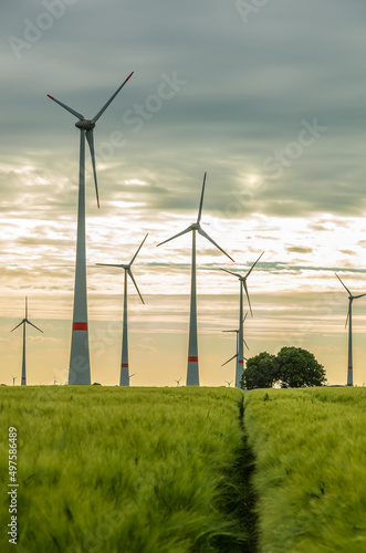 Wind Park in an agricultural area in the middle of Germany, North Rhine-Westphalia near Bad Wuennenberg, Panorama
