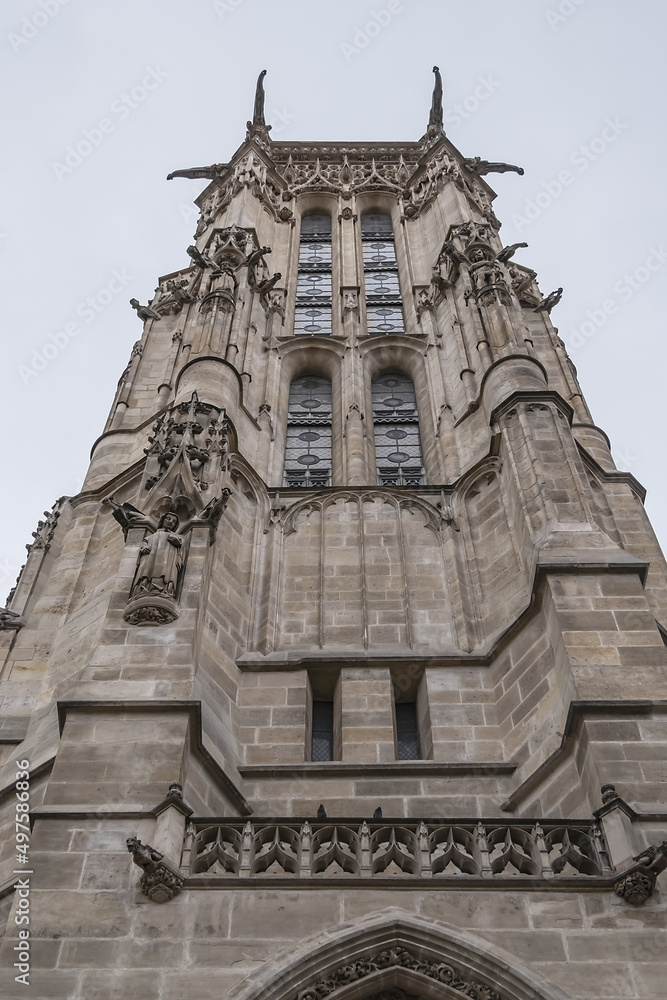 Saint-Jacques Tower (Tour Saint-Jacques) located on Rivoli street in Paris, France. This 52 m Flamboyant Gothic tower is all that remains of former XVI century Church of Saint-Jacques-de-la-Boucherie.