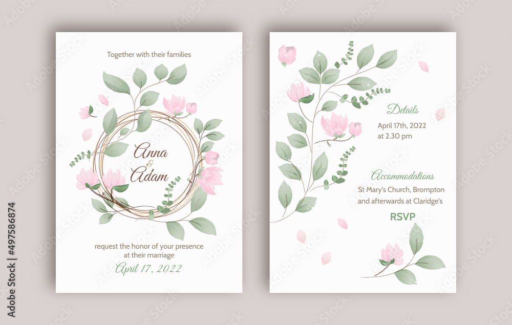Wedding invitation card background in rustic style with watercolor flowers (magnolia) and botanical leaves.