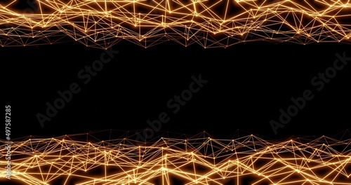 Gold top and bottom lines and dots connecting technology and science style on black background. 3d rendering.