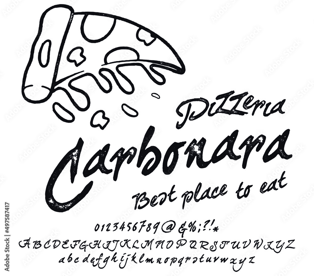 Hand drawn pasta and pizza menu for bars font. Delicious food from