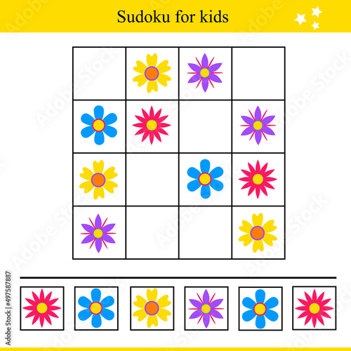 Sudoku for kids with colorful flowers. Educational game for children. Vector illustration