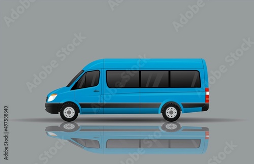 Blue passenger minibus, reflected on the ground. Urban transport.