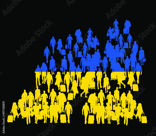 Family people Ukraine crowd in war migration crises refugees on border vector silhouette illustration. Passengers with luggage walking at airport. Travelers with bags go home. Man woman carry baggage.