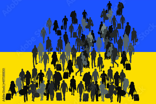 Family people Ukraine crowd in war migration crises refugees on border vector silhouette illustration. Passengers with luggage walking at airport. Travelers with bags go home. Man woman carry baggage.