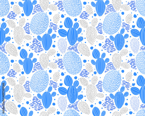 Vector seamless pattern with cactus on white background. Summer plants, flowers and leaves. Natural floral bright design. Botanical illustration.